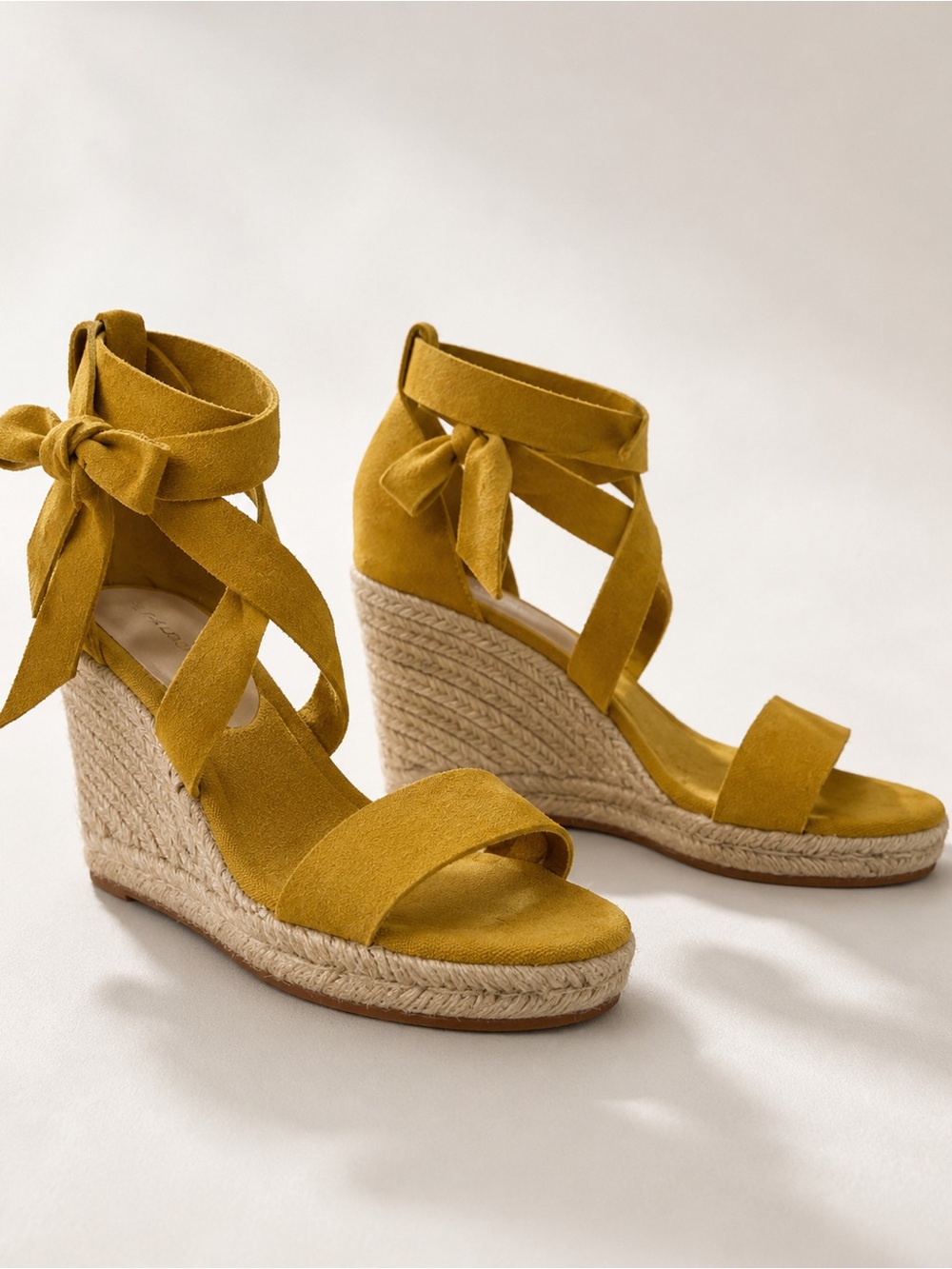 #67 Aldo Mustard Espadrille Wedge Sandals with Ankle Wrap